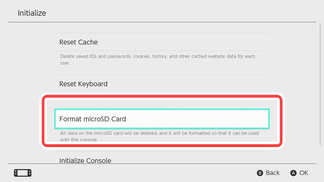 HOME 메뉴의 「설정(System Settings)」→「시스템(System)」→「초기화(Initialize)」→「microSD 카드 포맷(Format microSD card)」을 선택해서 포맷합니다.