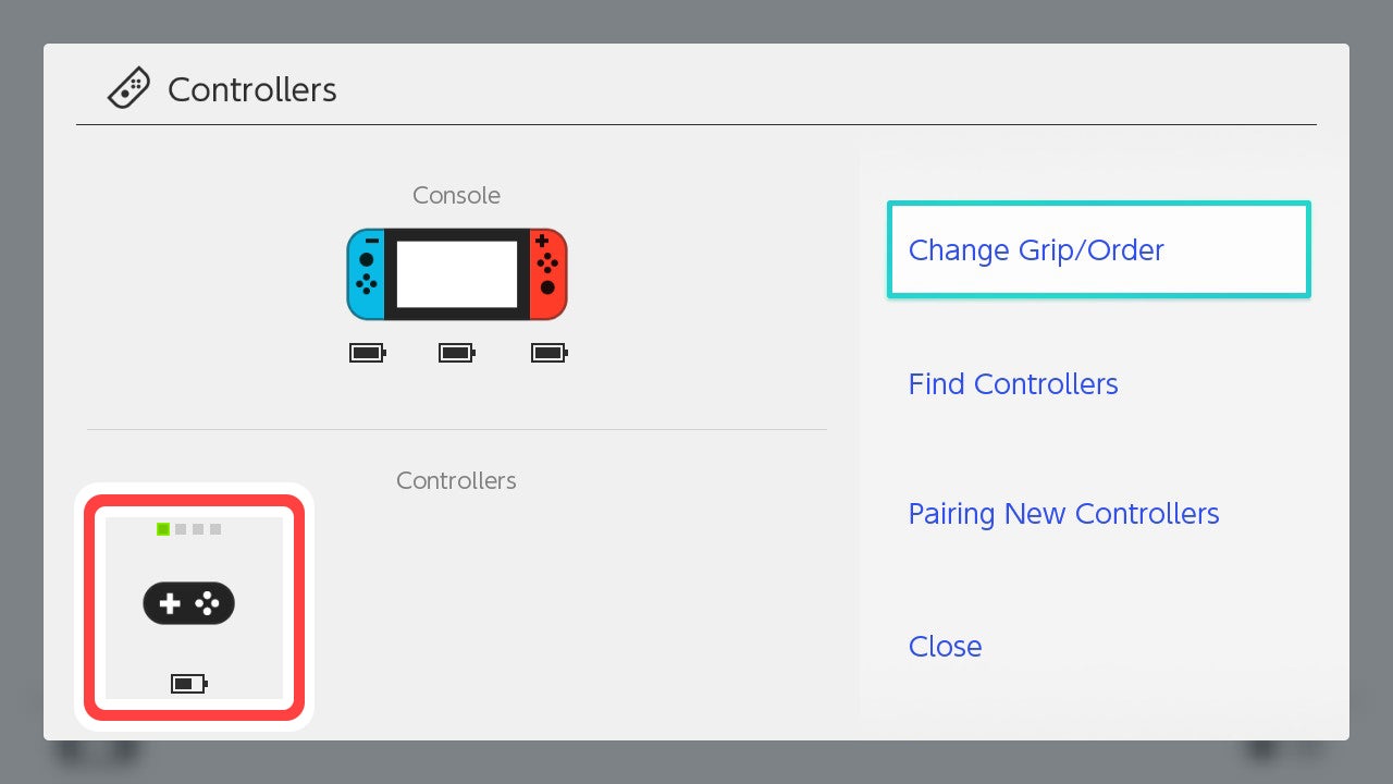Nintendo Switch 본체에 등록되어 있는 경우 HOME 화면의 「컨트롤러(Controllers)」에서 확인할 수 있습니다.